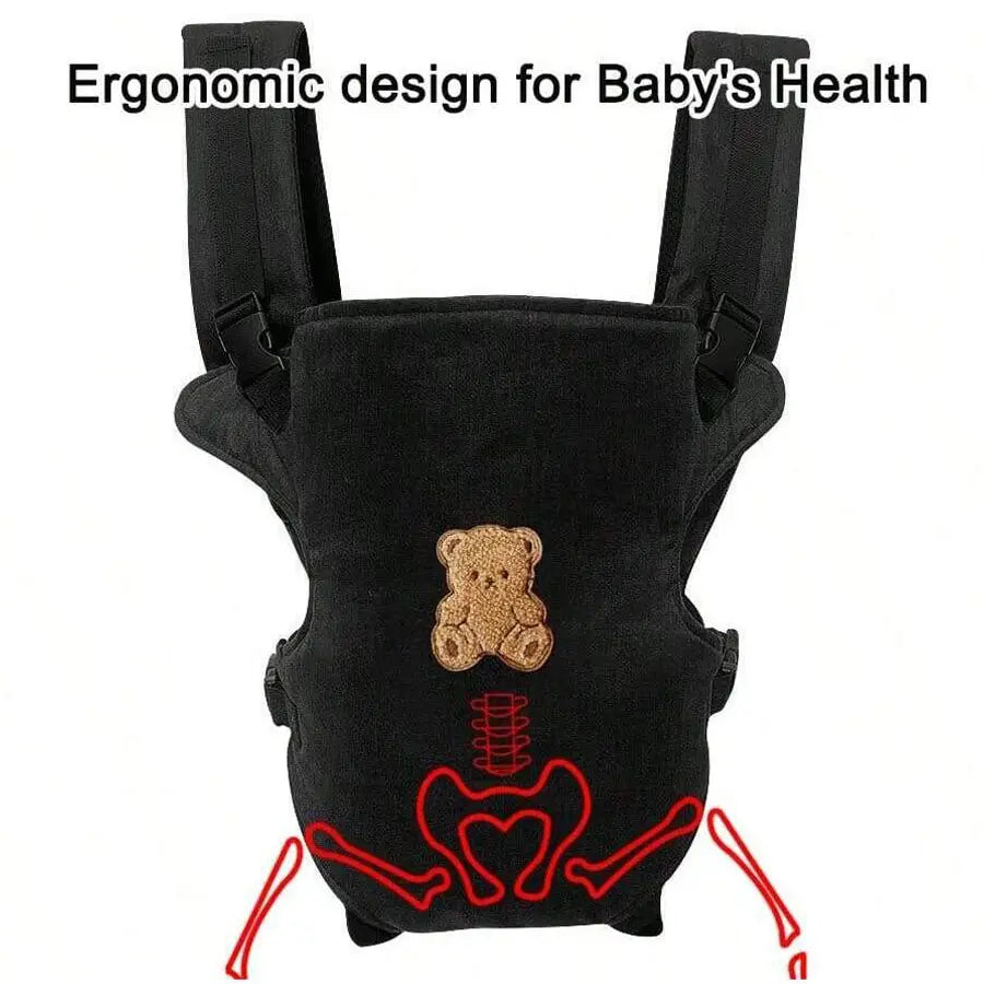schwarzer ergonomischer Babytragegurt 4-in-1 mit plüschigem Teddy-Bären und Skelettstickerei in Beige und Rot, ausgelegt für die Nutzung als 4-in-1-Trageausrüstung für vorne und hinten
