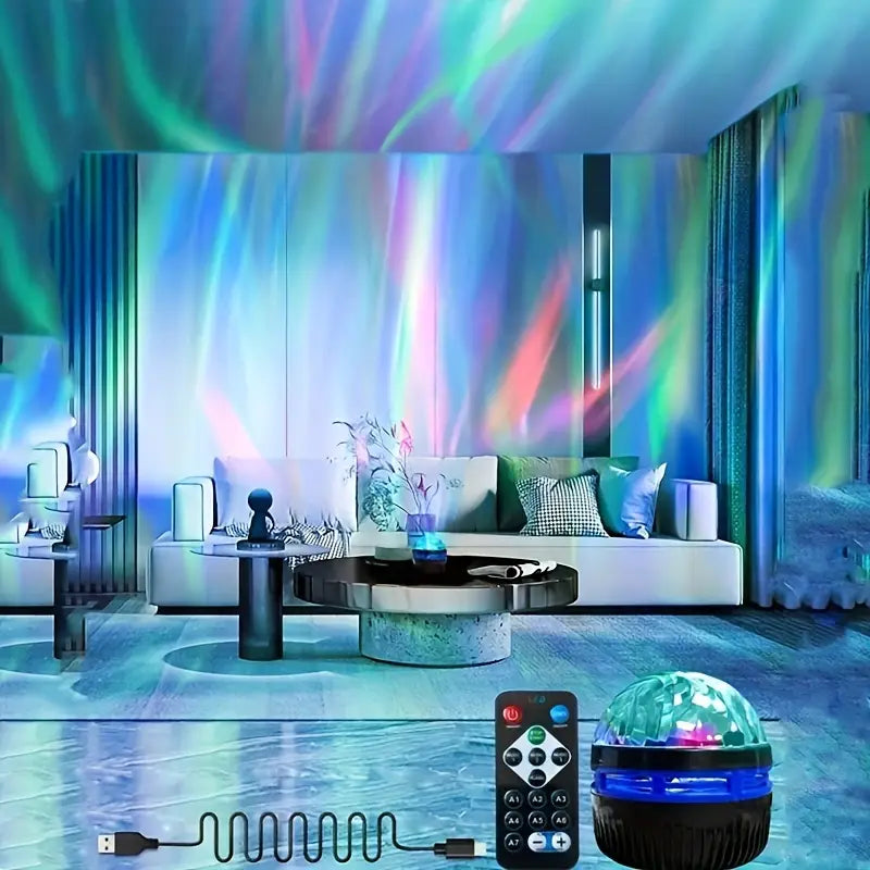ein blauer und schwarzer Disco-Ball mit kristallartig facettierter Oberfläche, der farbige Lichteffekte des rotierenden Nordlichter-Projektors mit Fernbedienung zeigt