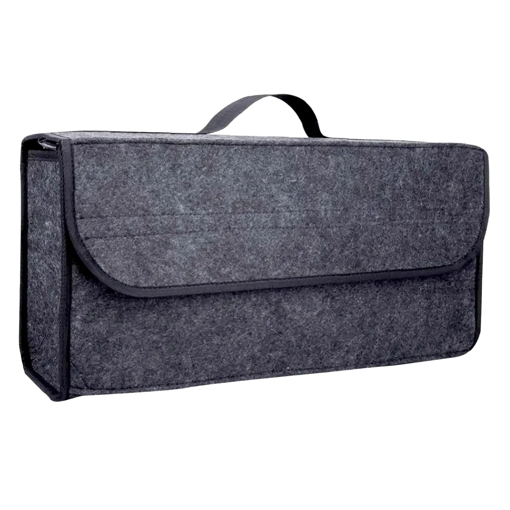 Dark gray felt car trunk organizer storage bag with black trim and top handle for 50cm x 24cm compartments