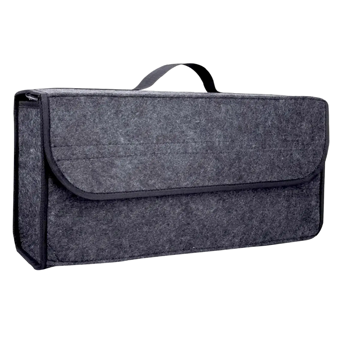 Dark gray felt car trunk organizer storage bag with black trim and top handle for 50cm x 24cm compartments