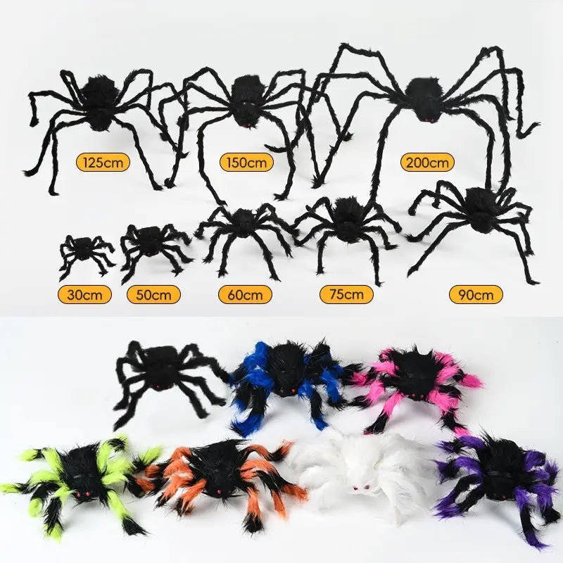 fausses araignées duveteuses noires de tailles et de couleurs variées, y compris bleu, rose, vert, orange, violet et blanc, disposées autour d’une toile d’araignée géante pour une décoration d’Halloween, vues de face