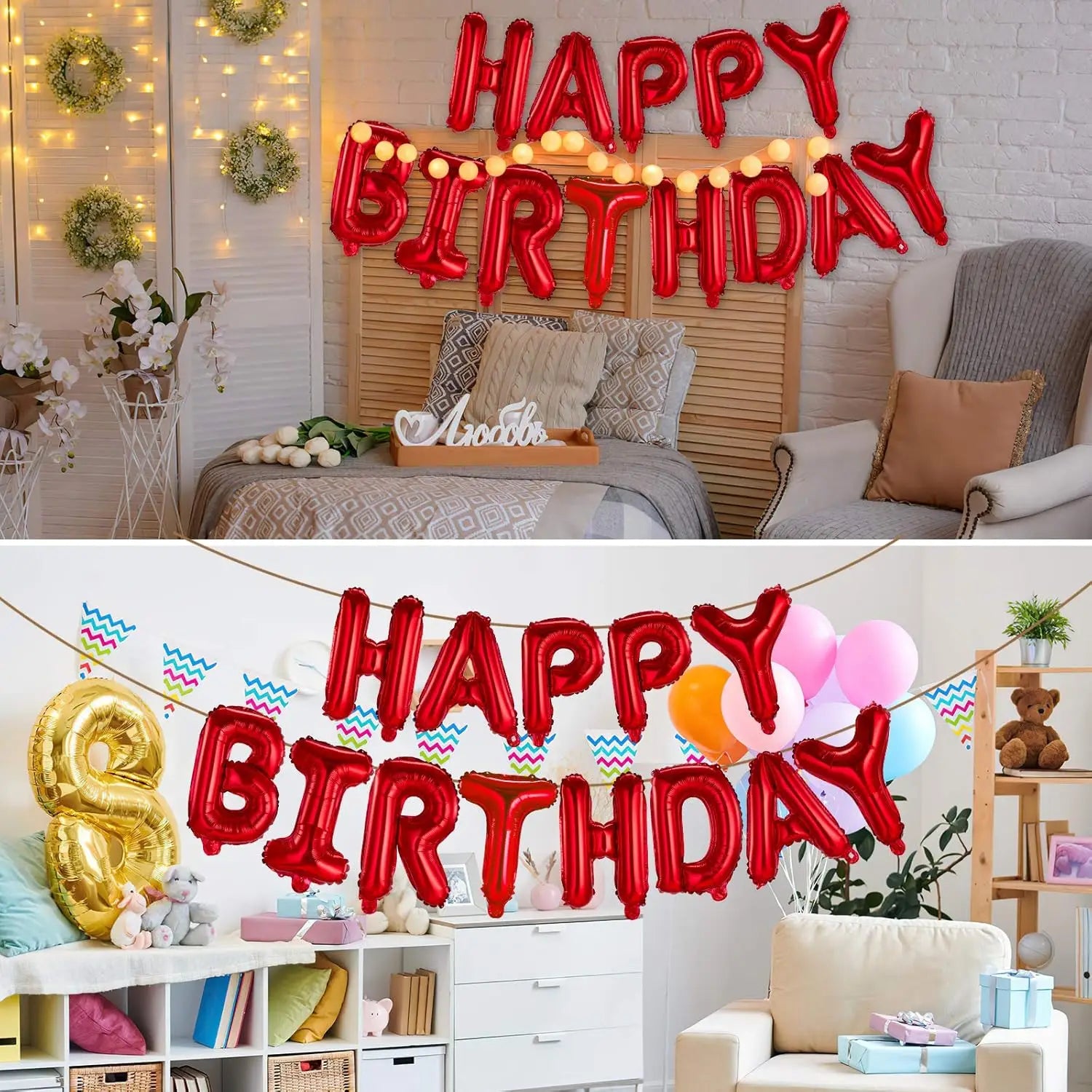 Schwarze Happy-Birthday-Ballon-Banner-Folienbuchstaben mit roten metallischen Folienballons, die „Happy Birthday“ bilden, mit einem goldenen Zahlenballon acht in der Nähe.