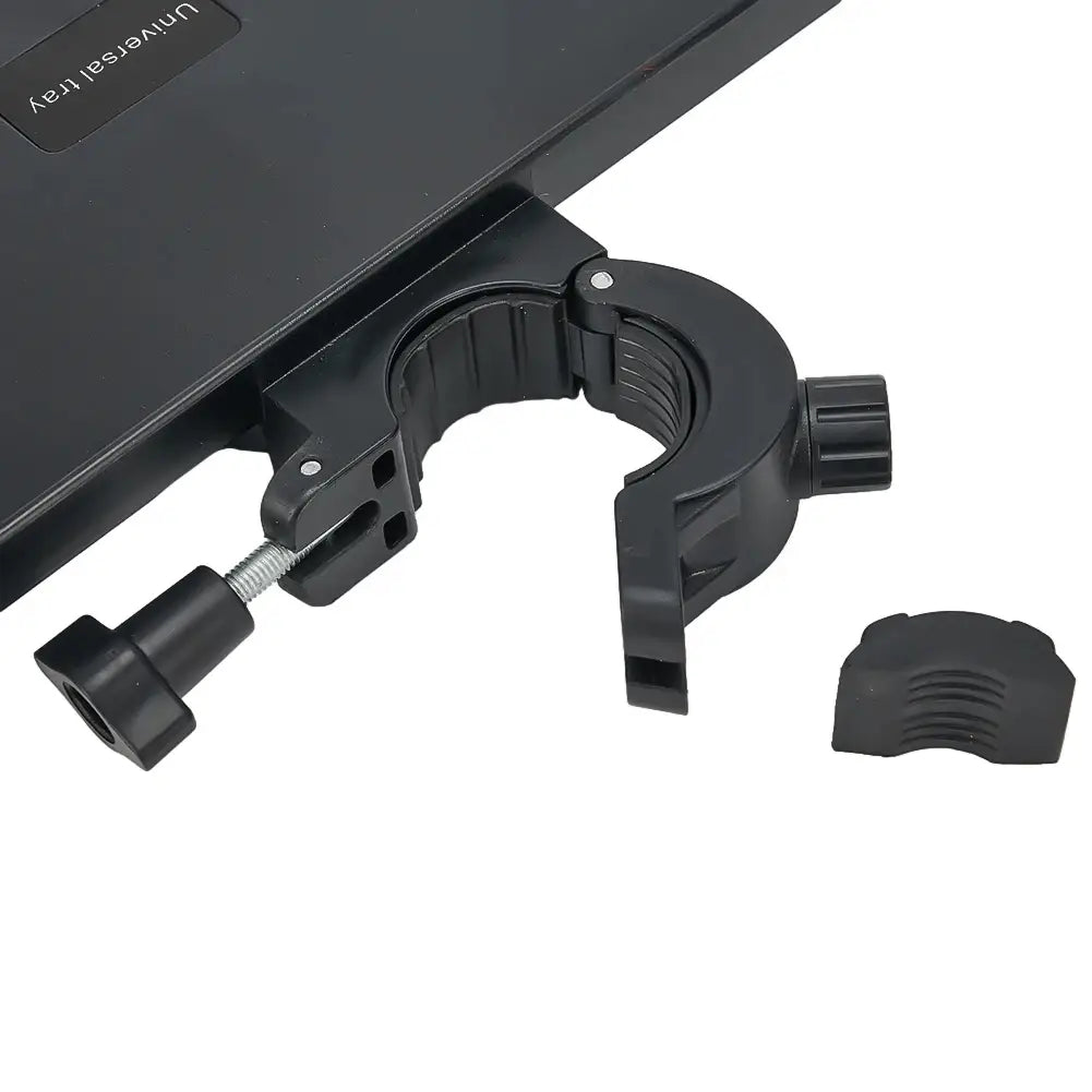 Pince réglable en plastique noir, avec vis filetée et bouton, pour fixer de manière sûre un plateau universel sur un support de microphone avec support pour téléphone.