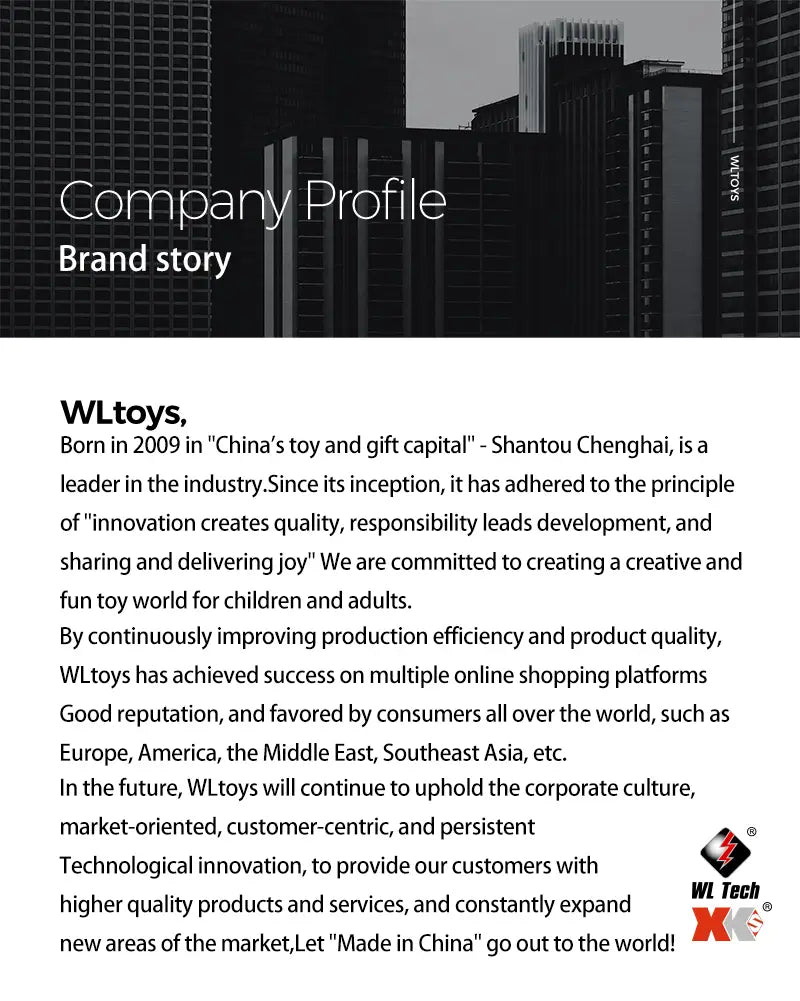 The black and white company profile page for Wltoys features the K170 Uh-60l remote control helicopter with a cityscape background highlighting its 800mah 20c battery and extended flight time.