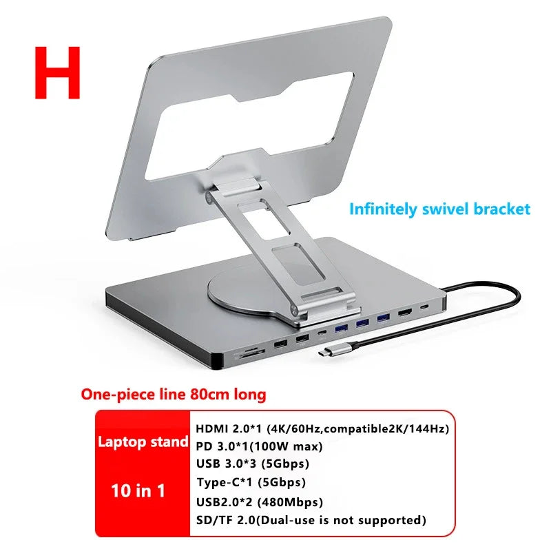 USB C Docking Station Aluminum Alloy Docking Station Laptop Stand HDMI-Compatible Multiple Ports Hub PD USB3.0 Gigabit Ethernet