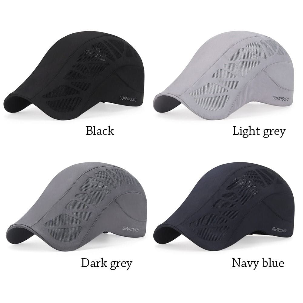 Gorras estilo bombín de malla para golf en negro, gris claro, gris oscuro y azul marino, con paneles laterales de malla transpirable, diseñadas para conducir en verano.