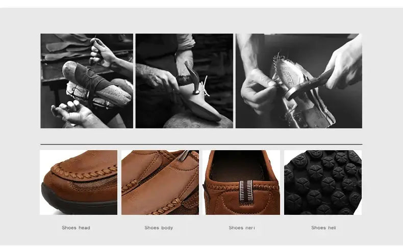 Mocassins homme décontractés en cuir à enfiler en marron, présentant une fermeture à glissière et des détails cousus sur le matériau en cuir