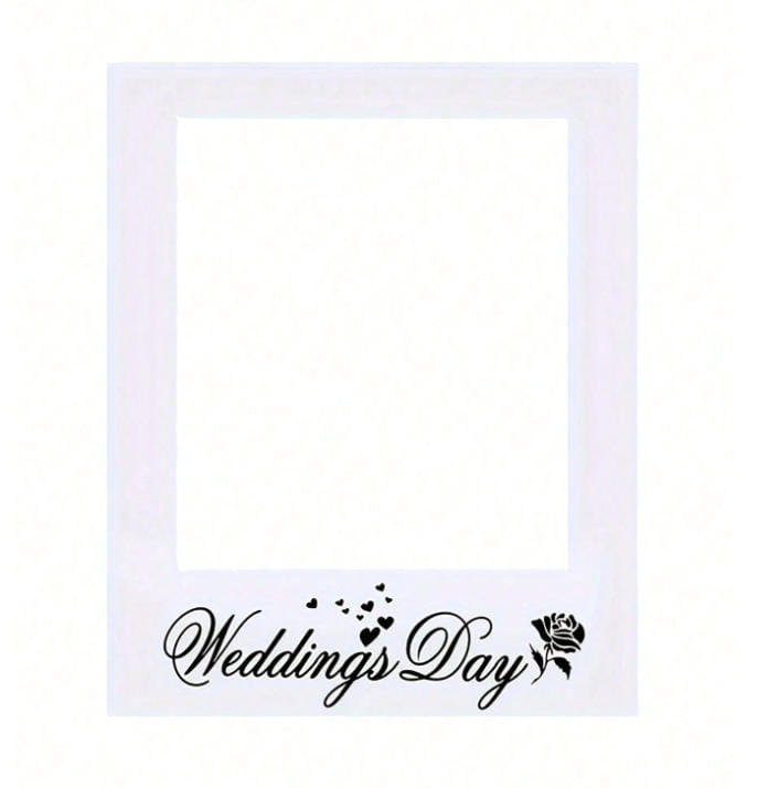 Atrezzo de marco para fotografía de boda estilo polaroid blanco con el día de la boda en texto de guion cursivo negro y un diseño de rosa en la parte inferior.