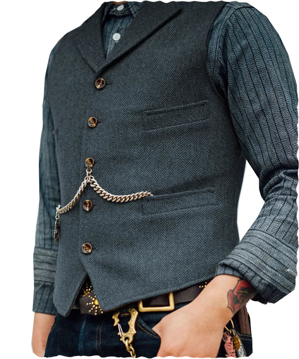 Mens Suit Vest Lapel V Neck Herringbone Casual Business Vest Waistcoat Groomman For Wedding Tweed Business Waistcoat
