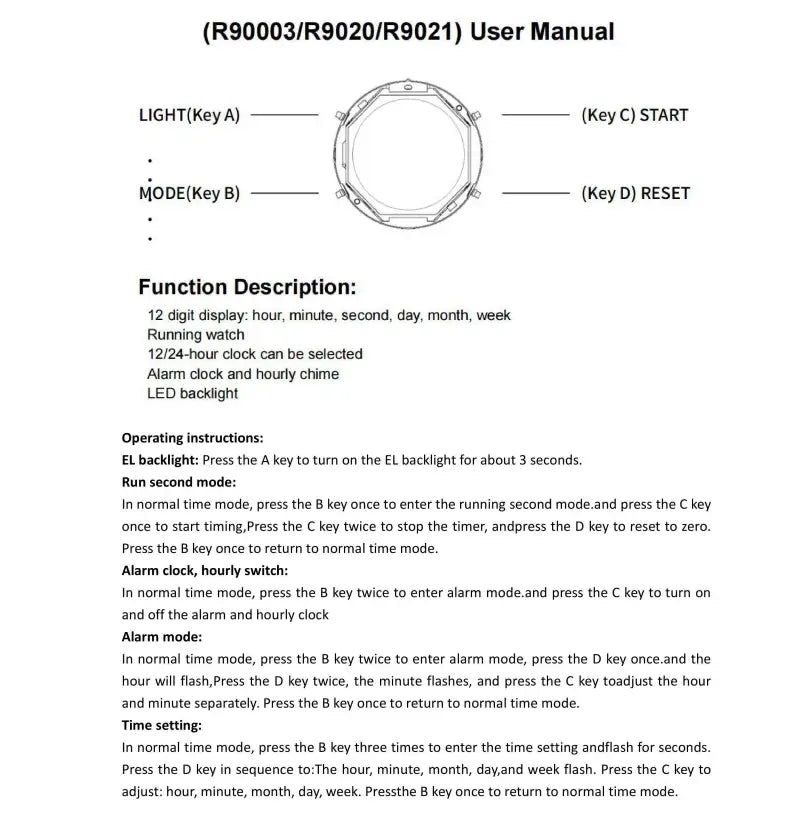 black circular digital sports watch with labeled keys for light start reset and mode functions in a white led waterproof fitness timepiece for women
