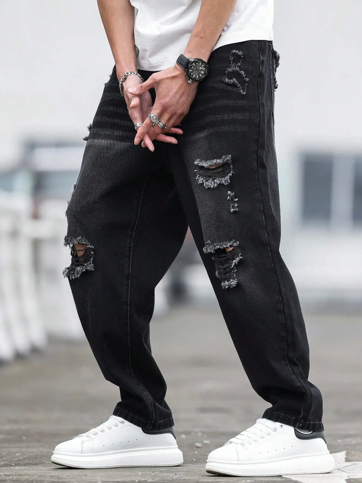 Men's Black Ripped Denim Harem Pants for Spring and Summer, Stylish and Minimalist, a Game - Changer for Lazy Outfits