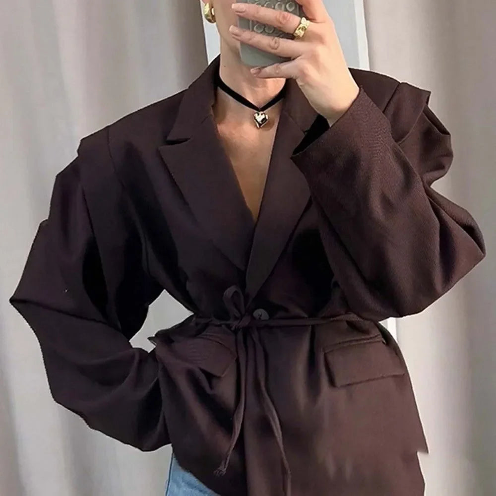 Women Belted Waist Blazer Jacket Padded Shoulder Lapel Collar Suit Coat  Autumn Office Elegant Formal Casual Workwear Outfit