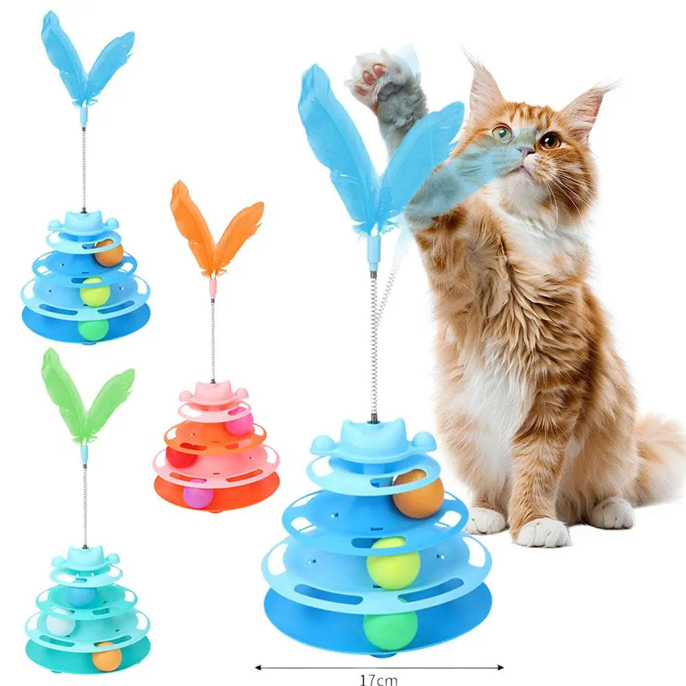 Blue plastic interactive cat toy tower featuring four levels with roller balls and a feather for engaging play.