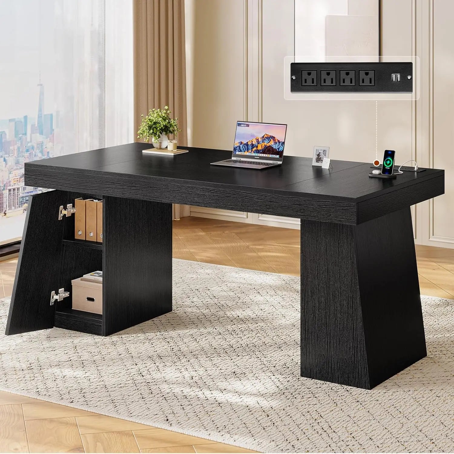 Black wooden executive desk with integrated storage cabinet and power outlets designed for efficient office use.