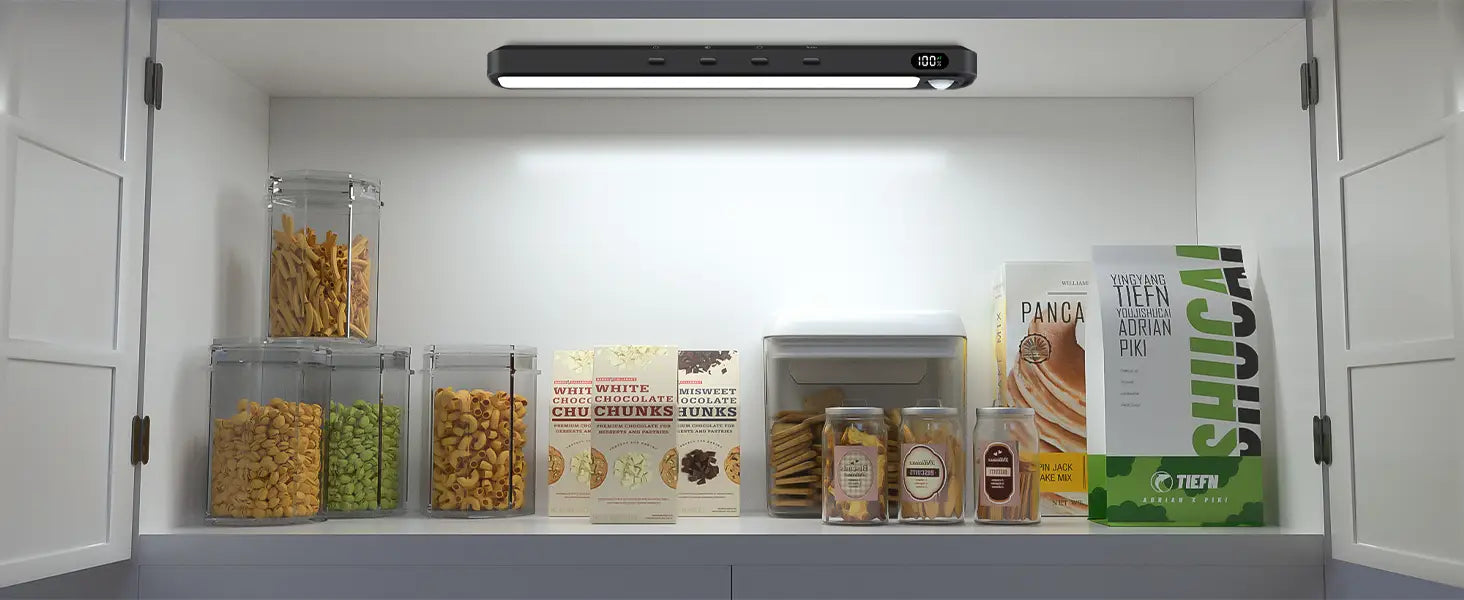 Black led motion sensor light bar with iron sheet construction features under-cabinet use and adjustable brightness control in a sleek modern design.