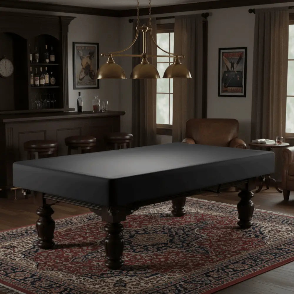 Housse de table de billard étanche gris foncé en tissu Oxford 210d, à la surface lisse légèrement texturée, pour la protection contre la poussière de billard.