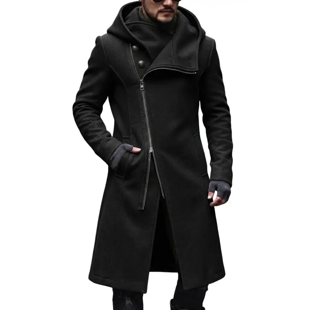 Abrigo con capucha color negro con cremallera y cierre con botones, confeccionado en lana, adecuado para el estilo de moda urbana y2k