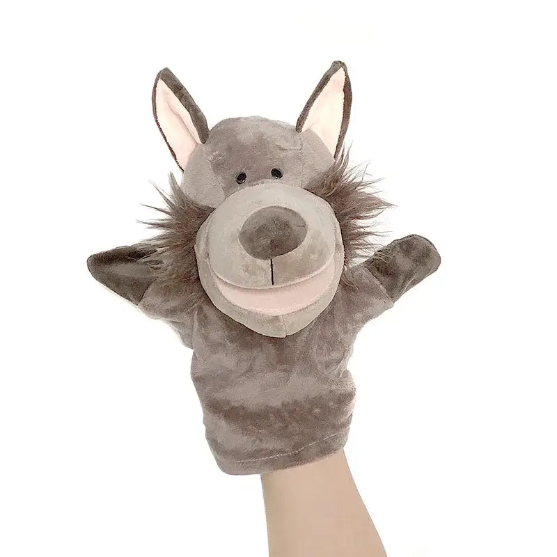 gray plush wolf hand puppet with soft fur stitched facial features and upright ears is an educational baby toy suitable as a toys hand finger lion elephant bunny collection.