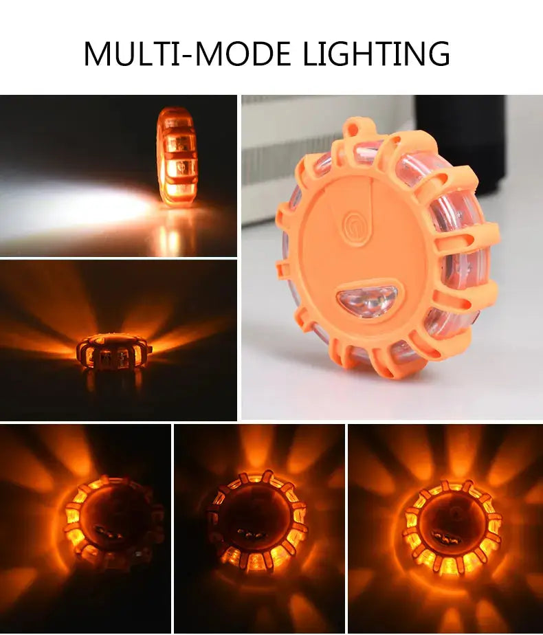 Orange circular reflective magnetic LED roadside emergency strobe light with multi-mode lighting options for enhanced visibility and safety.