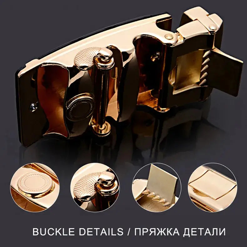 Automatische Gürtelschnalle mit goldfarbenem Ton, mit strukturierter, polierter Metalloberfläche und detailreicher mechanischer Gestaltung von Jifanpaul Herren-Gürtel mit automatischer Lederschnalle aus echtem Leder.