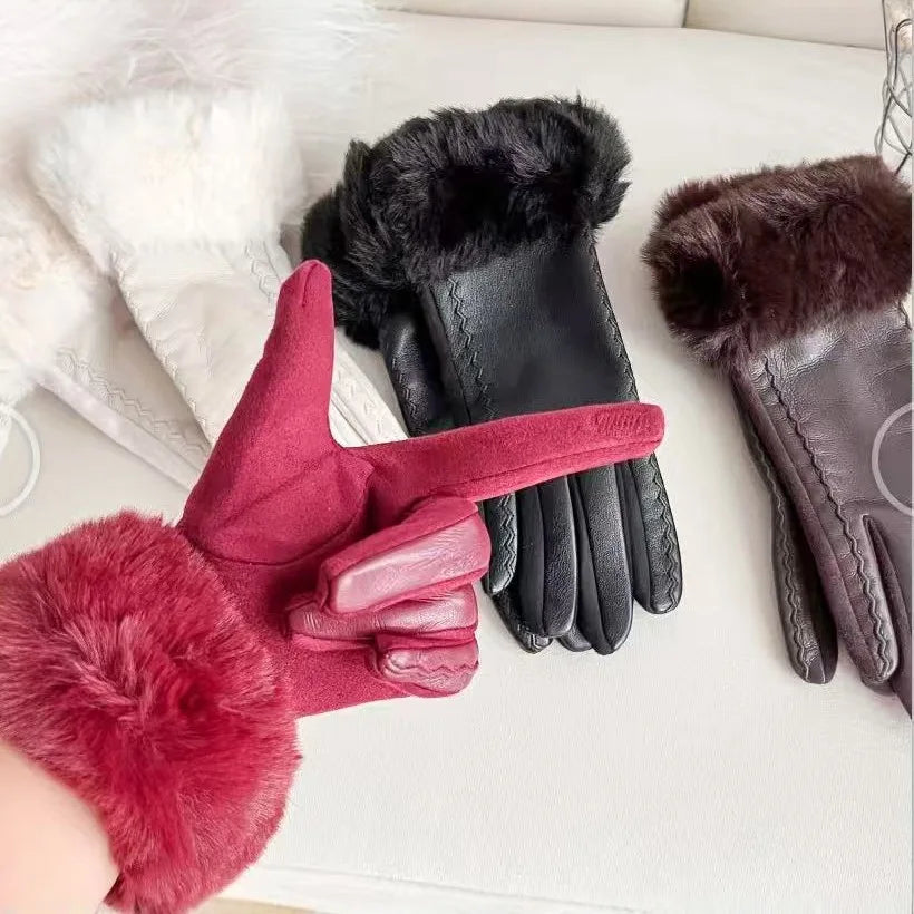 Leather Gloves for Women in Winter, Thickened To Keep Warm and Prevent Cold Hair. Leather Gloves for Women