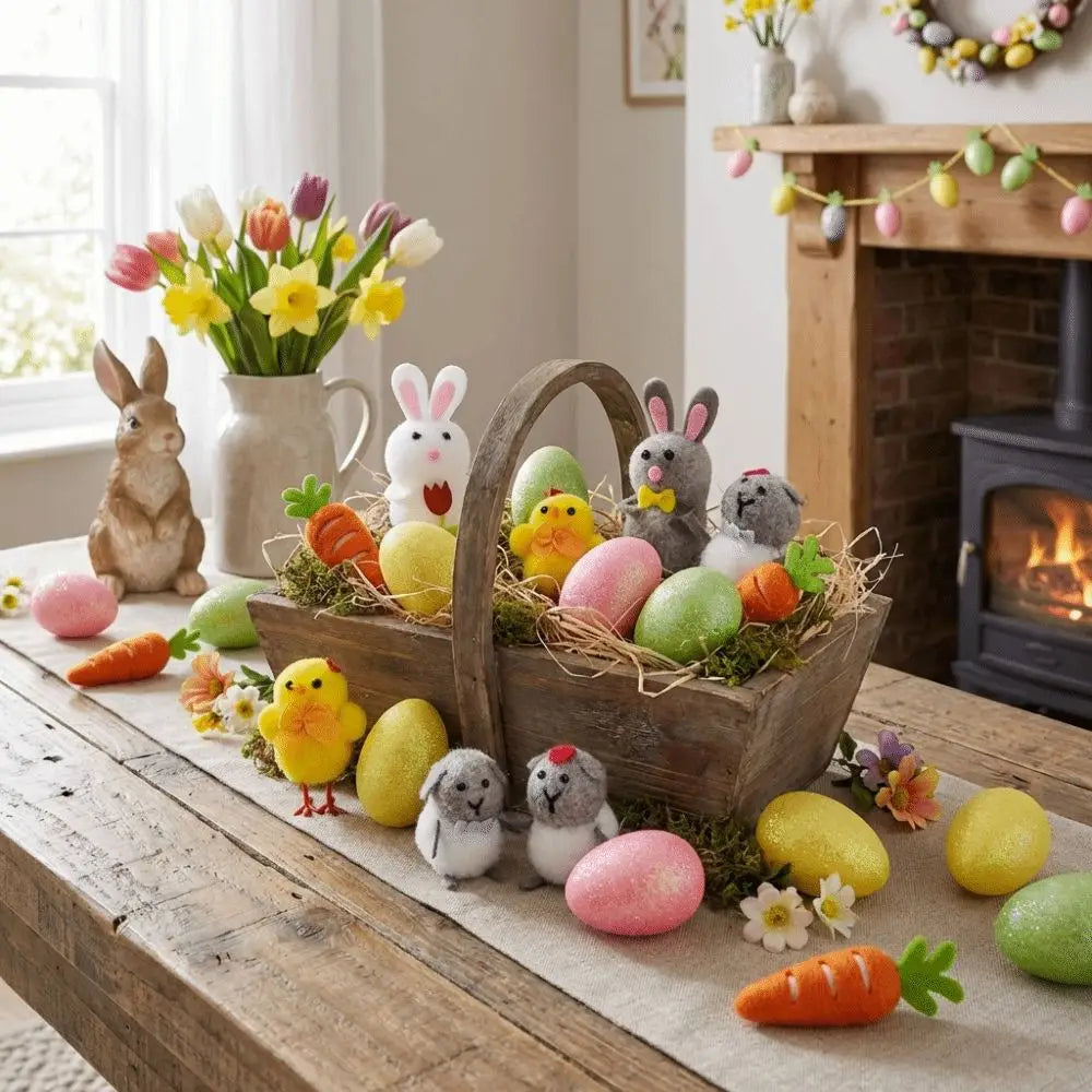 Wooden easter basket filled with colorful handmade felt eggs and plush bunnies and chicks from a felt easter egg and chick figurine gift set.