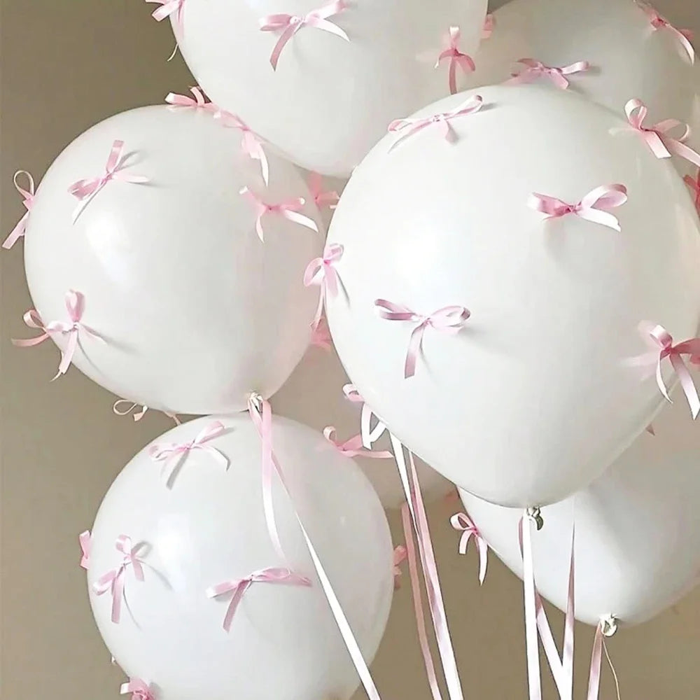 Bow Balloons Set White Balloon Mini Pink Ribbon Bows Girls Birthday Party Decor Birthday party Wedding Bridal Valentine's Day