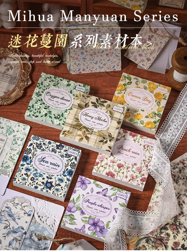 a collection of mihua manyuan floral-patterned vintage scrapbooking paper pads featuring delicate botanical designs in soft pastel hues on textured paper for journaling supplies