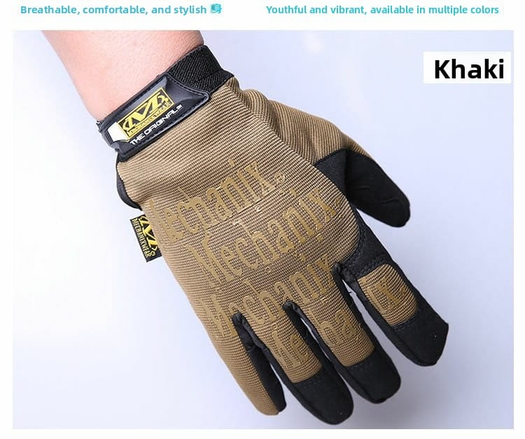 Herren-Fahrradhandschuhe mit vollständigen Fingern in Khaki mit schwarzen verstärkten Fingerspitzen und Handgelenkriemen, mit einem strukturierten Stoffdesign, von der Rückseite dargestellt.
