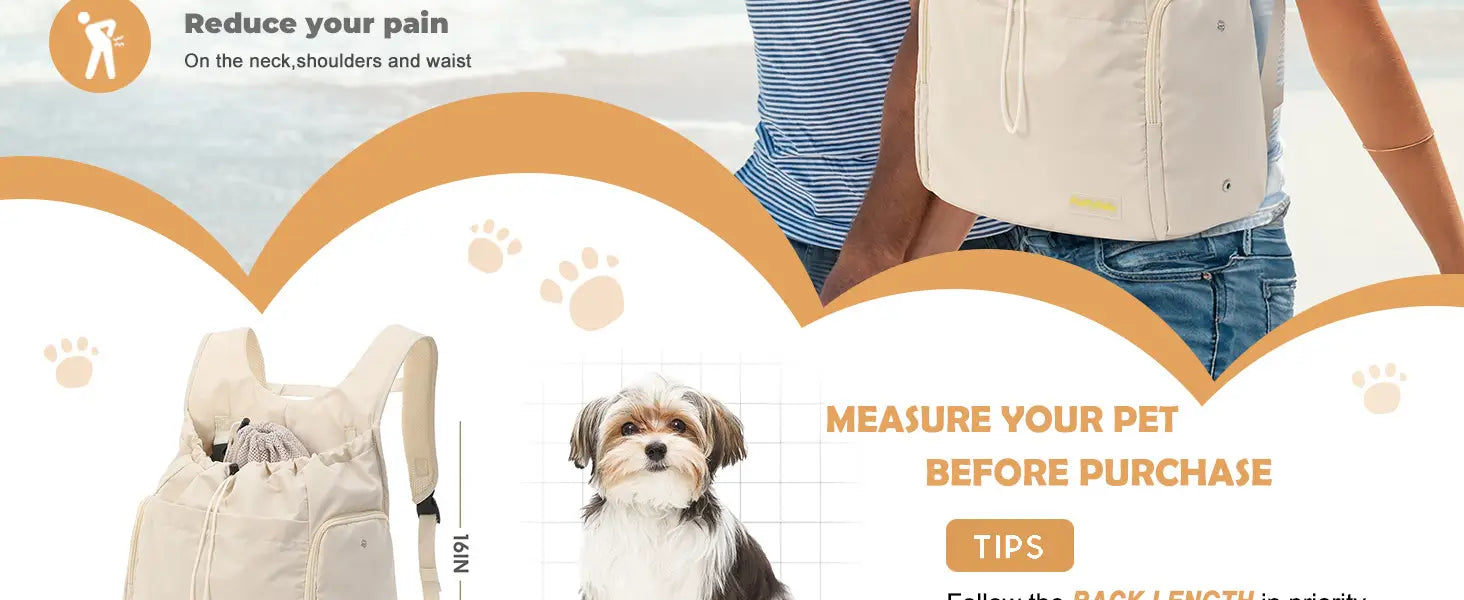 Sac à dos de transport pour animaux en tissu beige pour la poitrine, le cou et le dos, pour chats et chiens, avec bretelles réglables et poche avant, conçu comme un transporteur souple.