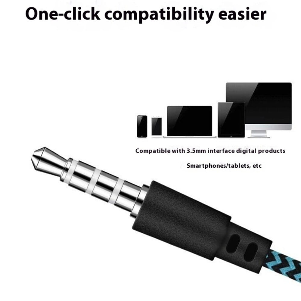 Black and silver 3.5mm wired in-ear headphone jack with braided cable design for mobile phone use and enhanced bass stereo sound.