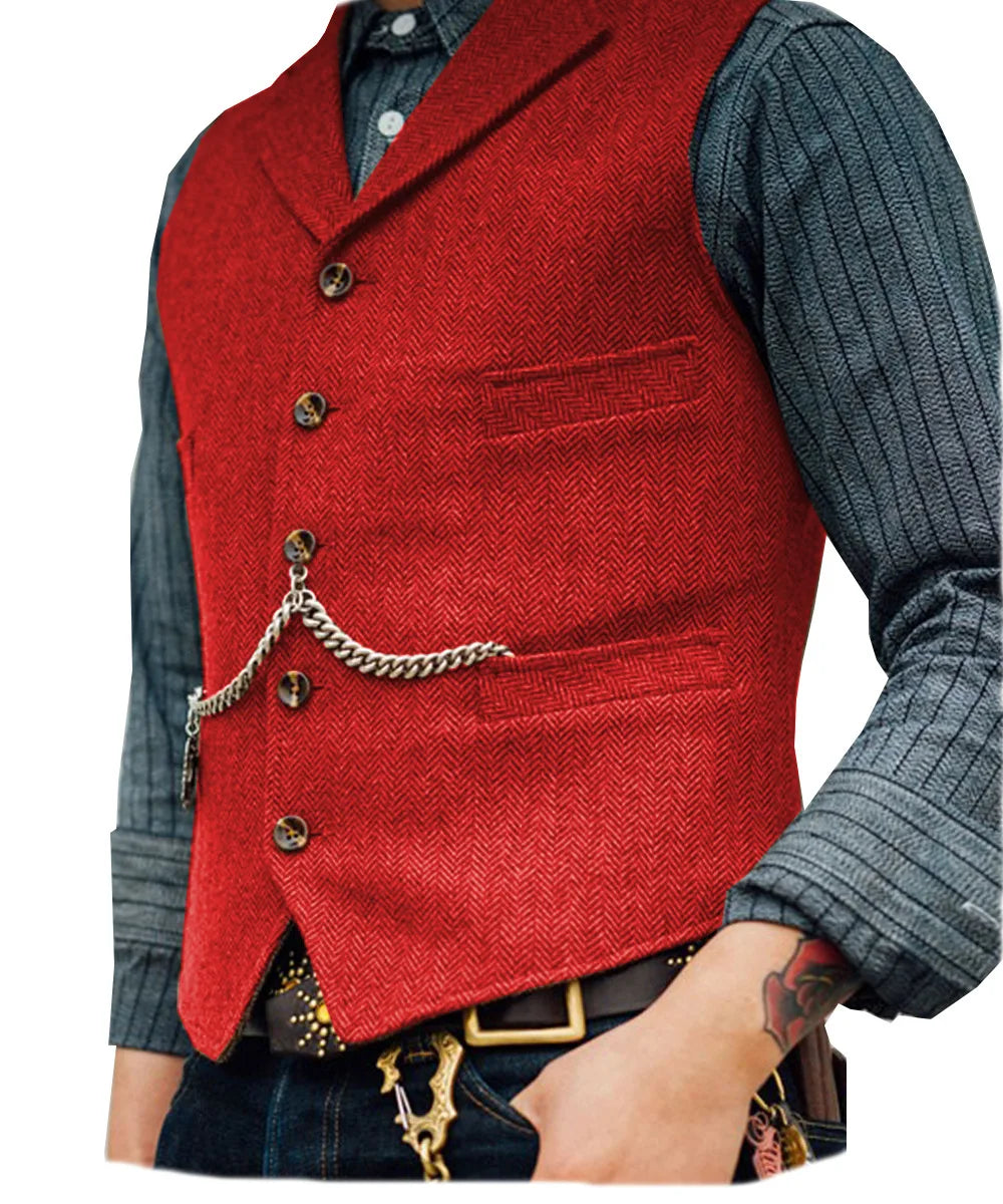 Mens Suit Vest Lapel V Neck Herringbone Casual Business Vest Waistcoat Groomman For Wedding Tweed Business Waistcoat