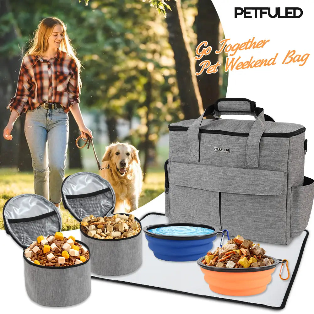 Sac de voyage pliable pour chien en tissu petfuled gris, pour week-end, avec bordure noire, plusieurs compartiments et fermeture éclair, pour un rangement pratique.