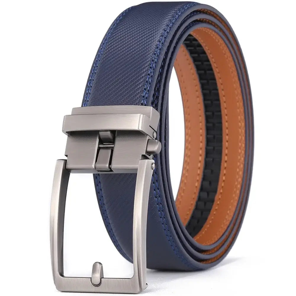 Navy blue textured leather mens belt with a silver-toned automatic buckle and tan inner lining.
