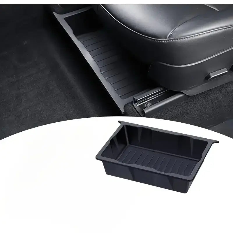Schwarze Kunststoff-Unter­sitz-Auto-Organizer-Aufbewahrungs-Schubladenwanne mit geripptem Innenbereich zur Fahrzeugaufbewahrung und -organisation.