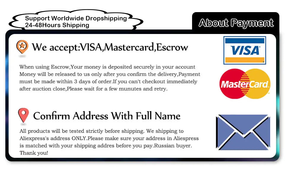 payment information card showing accepted payment methods including visa mastercard and escrow for mercedes c class w205 front license plate mount a2058801644 product page