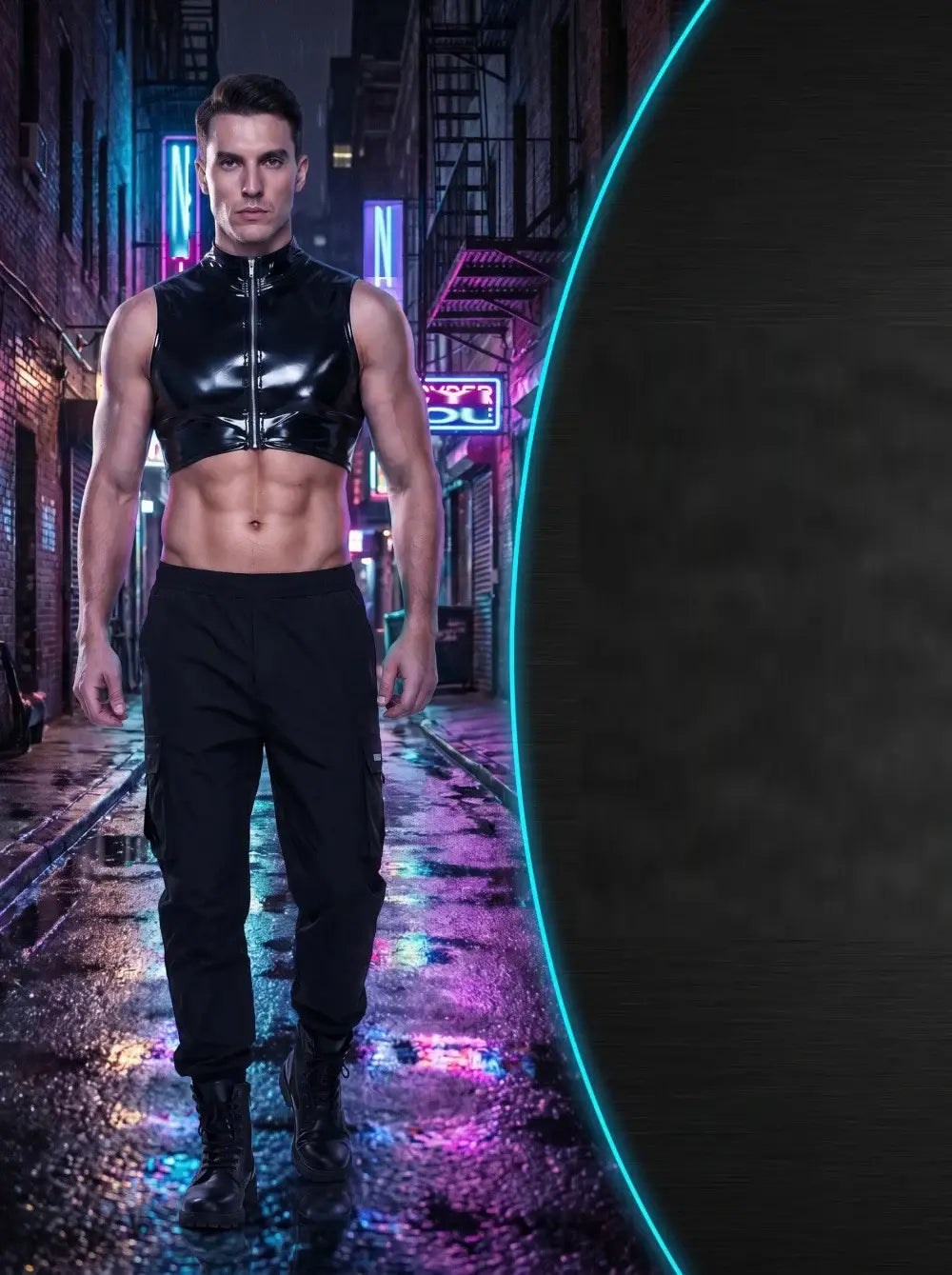 camiseta sin mangas de apariencia húmeda de PVC para hombre en vinilo negro brillante con cierre frontal mediante cremallera