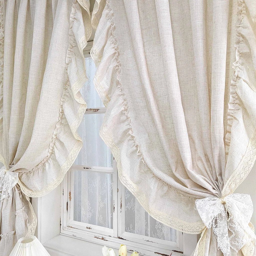French Ruffle Semi Sheer Curtains, Plain Faux Linen Textured Vintage American Farmhouse Curtain for Living Room, Bedroom, Study