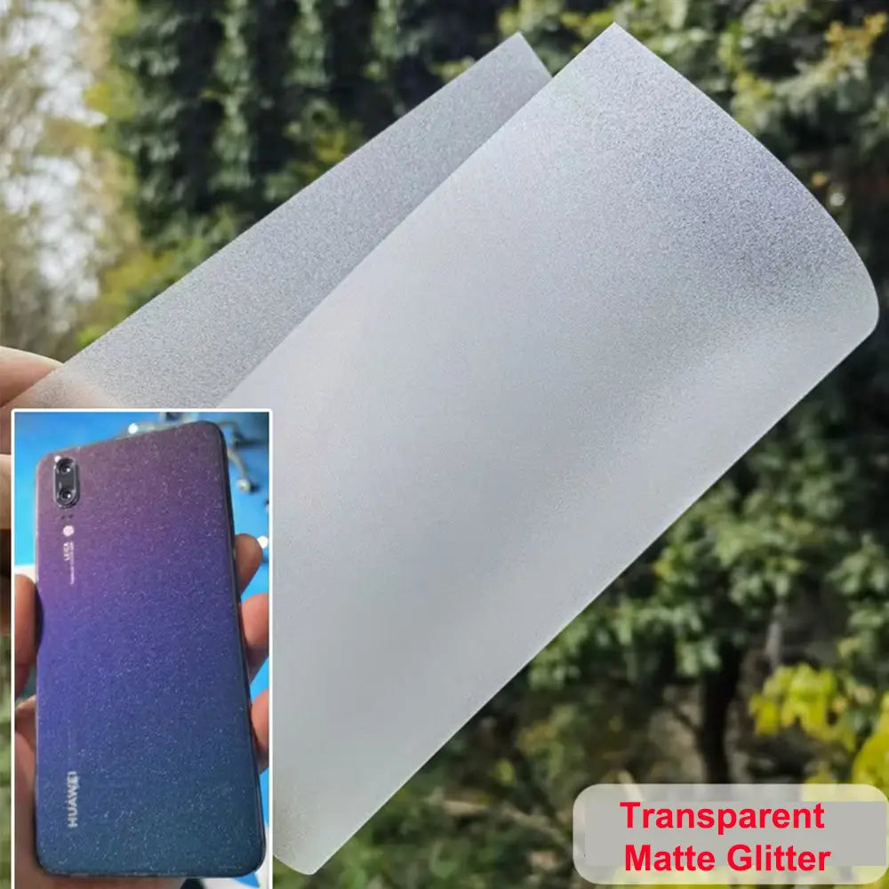 Funda para teléfono con purpurina mate transparente, mostrada desde el reverso, diseñada para la protección del teléfono móvil con un acabado esmerilado no reflectante compatible con una máquina de laminación al vacío de película para teléfonos móviles, reduciendo los riesgos de costos de envío.