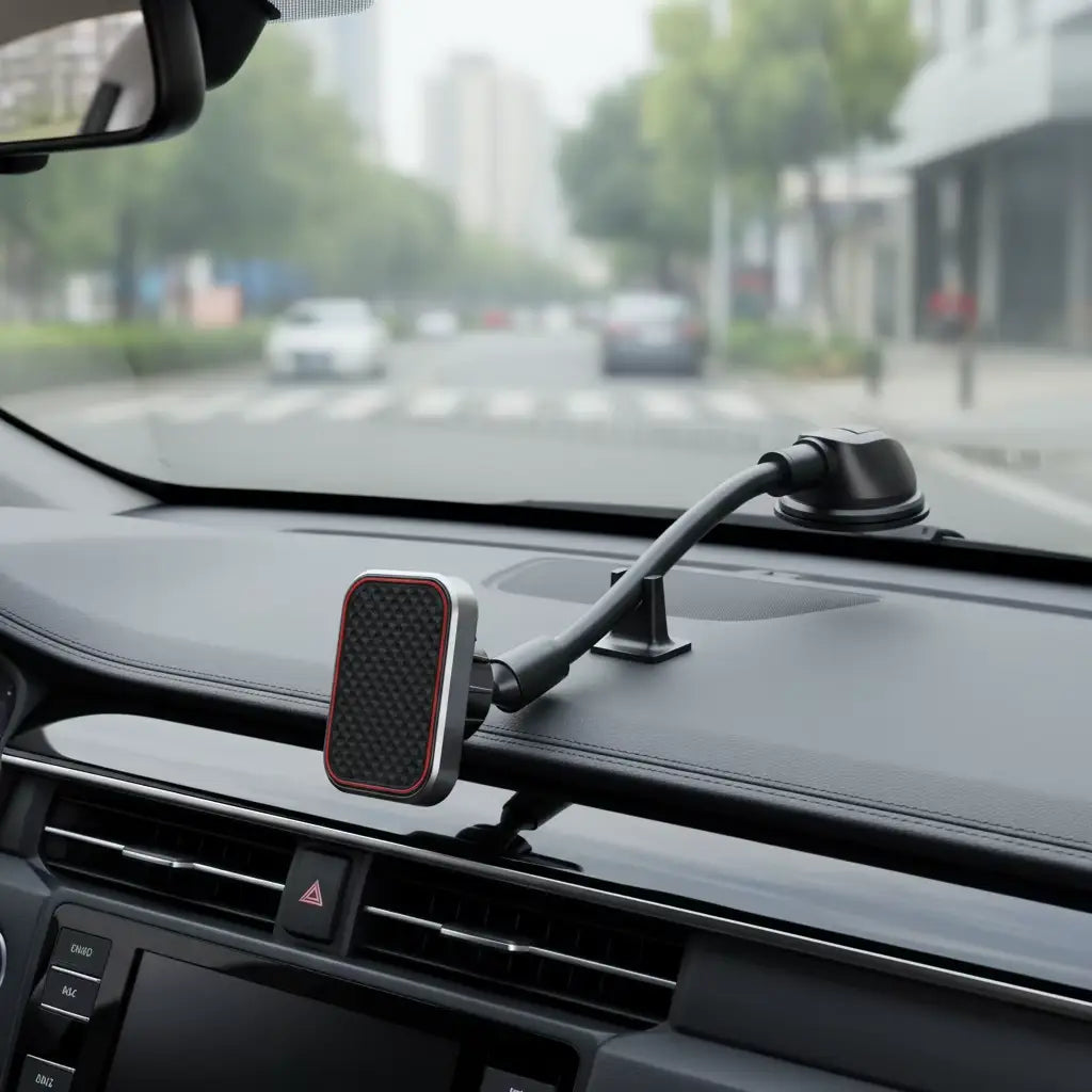 Black and red magnetic gooseneck long arm car phone holder with a flexible arm mounted on a dashboard for secure phone positioning.