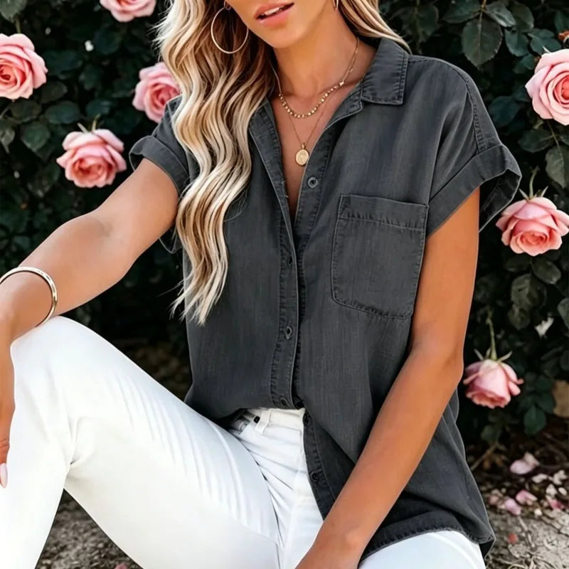 Women's Short Sleeve Denim Shirt Women's Blue Loose Cardigan Shirt Lapel Casual Top Women's