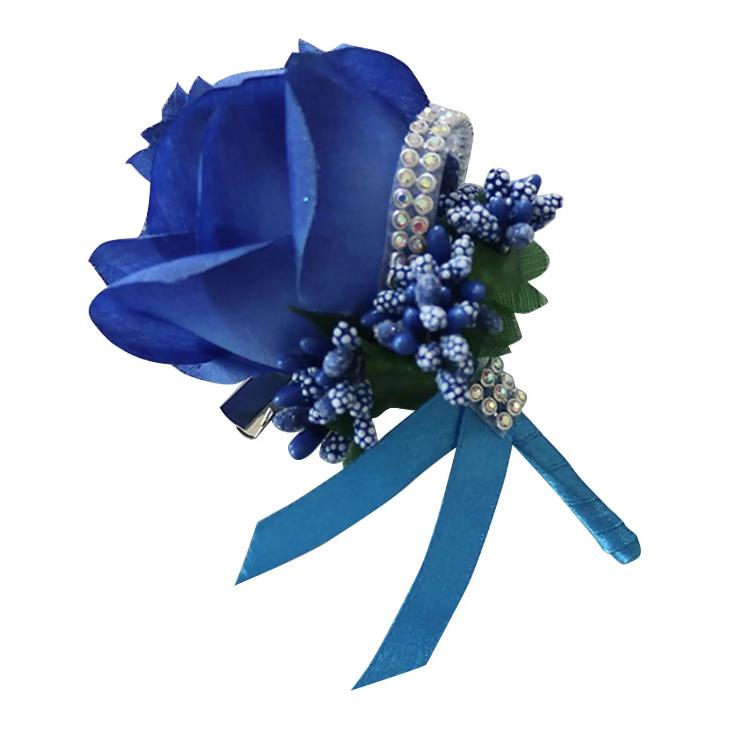 A vibrant royal blue silk artificial rose boutonniere with sparkling rhinestone accents and a matching satin ribbon for weddings.