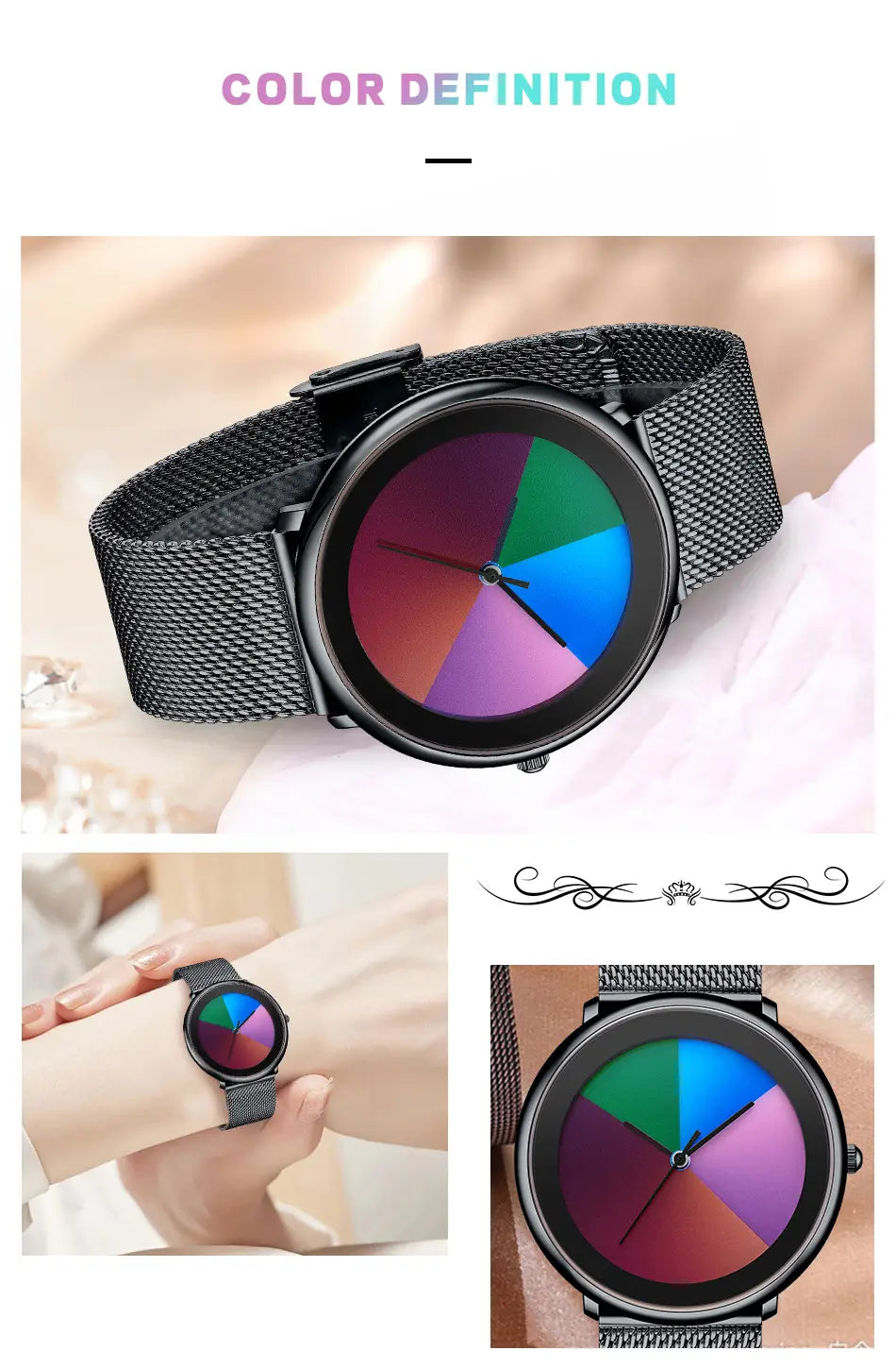 Lige women rainbow dial quartz watch features a black mesh strap and a colorful segmented dial with vibrant red green blue and purple hues.