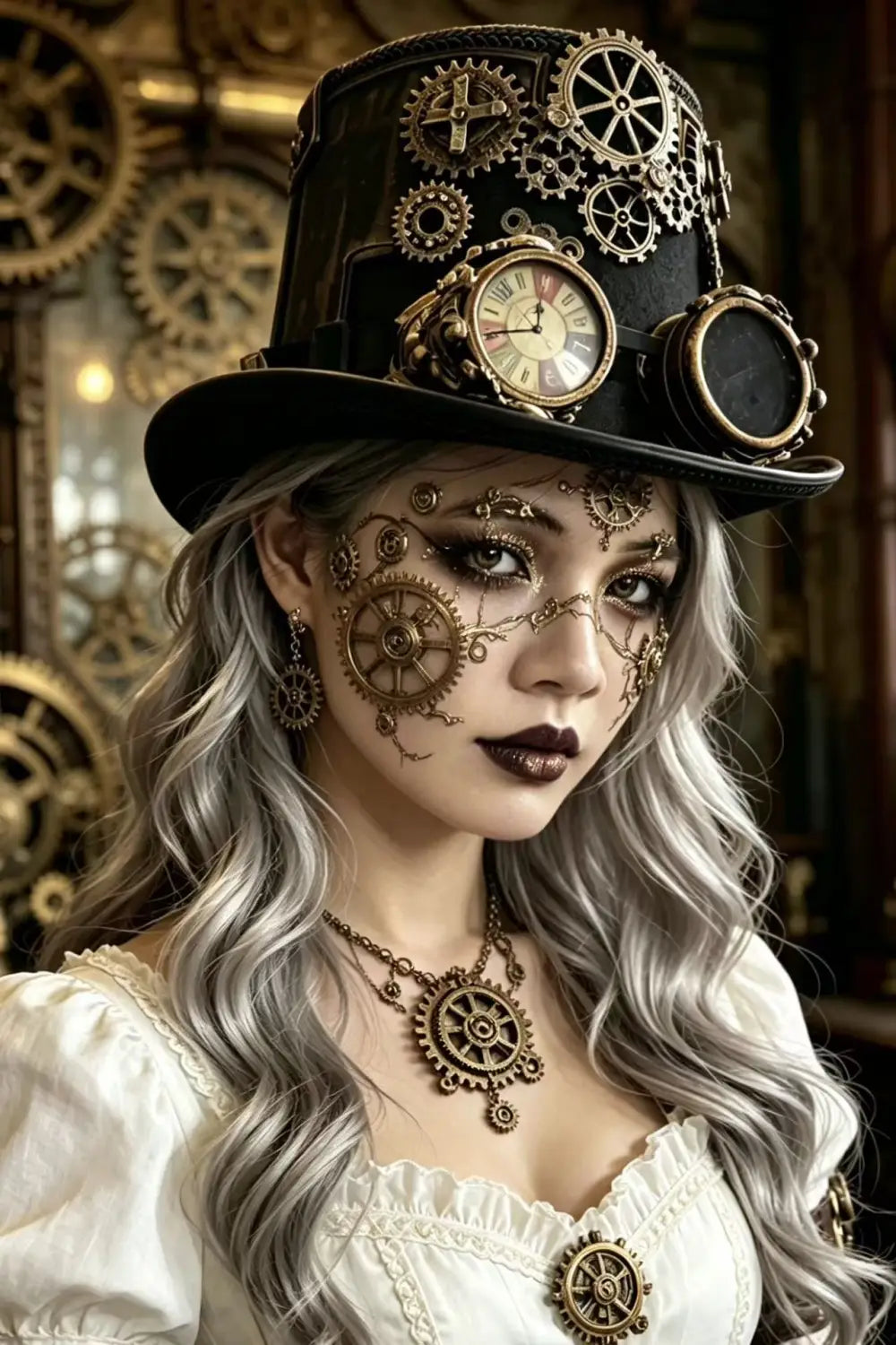 Black steampunk top hat made of leather adorned with brass gears and a clock face featuring attached goggles for a vintage industrial look.