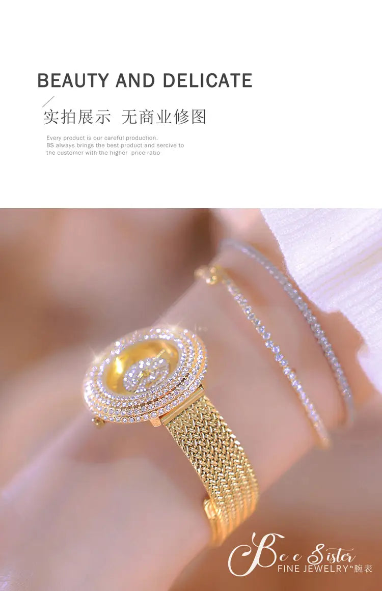 Gold-toned diamond-encrusted women watch with a luxury mesh band worn on a wrist showcasing its elegant design and waterproof feature.