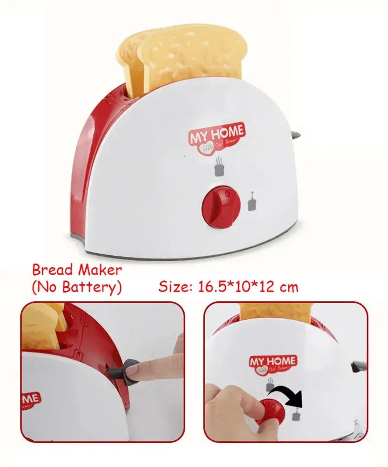 Weißes und rotes Kunststoff-Toaster-Spielgerät für Kinder mit meiner Heimauszeichnung und einer einzelnen Brotscheibe im Einschub aus dem Kinder-Spielküchen-Kleingeräte-Set zum Rollenspiel mit Lebensmitteln.
