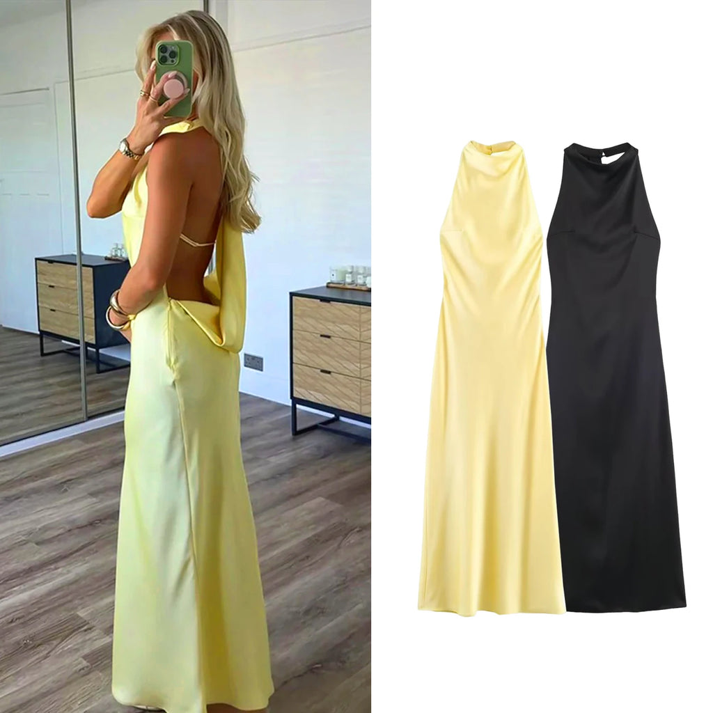 Women's Evening Party Long Dress Summer Female Elegant Satin Backless Halter Dress Lady Pleated Sleeveless Yellow Dresses Robes