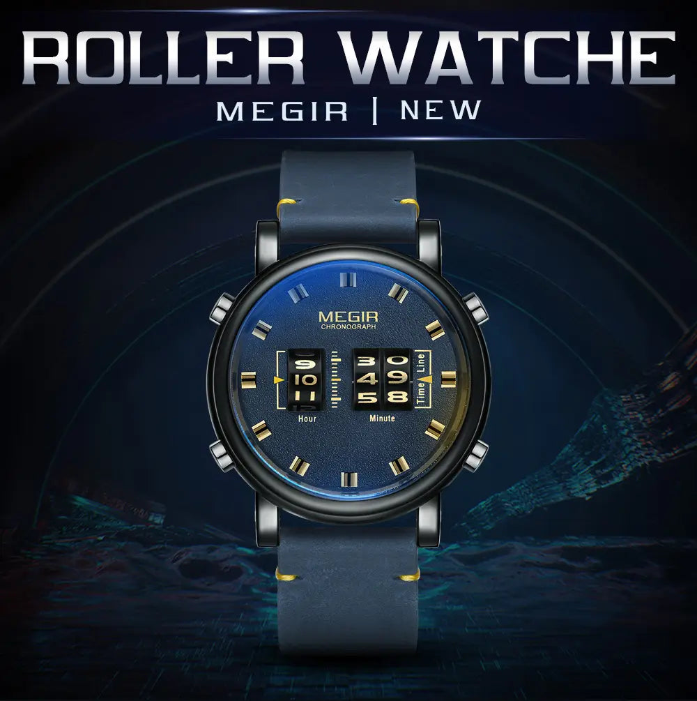 Dark blue Megir military quartz chronograph watch with black bezel gold-tone hour markers and hands brown leather strap and digital analog-style display.