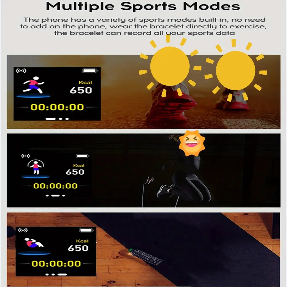 Black smart watch fitness tracker Bluetooth sport bracelet with digital display showing calorie count time and various sports modes.