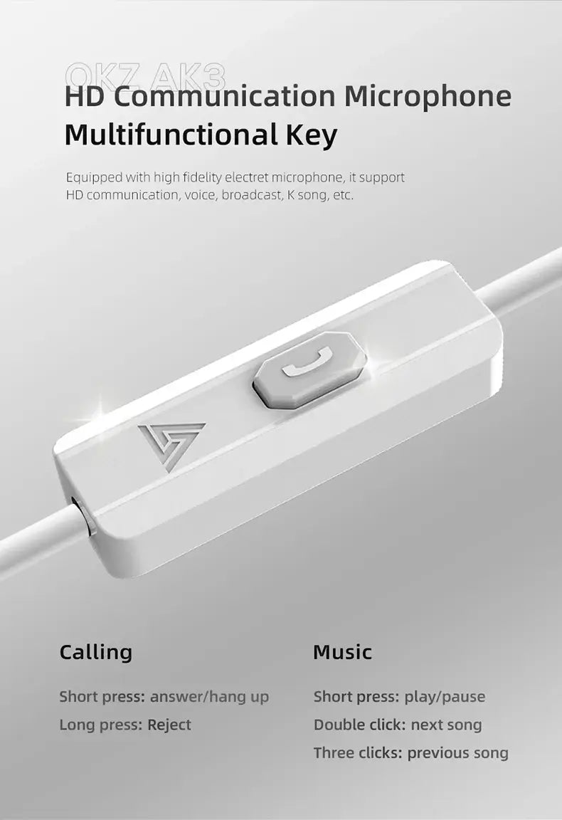 Touche blanche en plastique multifonctionnelle avec microphone HD intégré et boutons de commande pour les appels et les fonctions musicales dans les écouteurs intra-auriculaires filaires Qkz AK3.